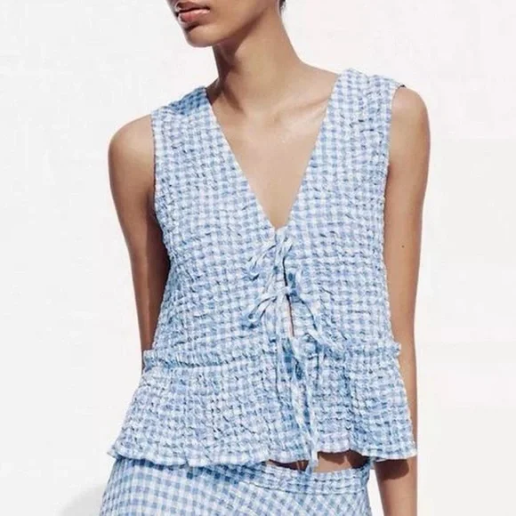 Zara Gingham Top - Light Blue - - Picture 1 of 8